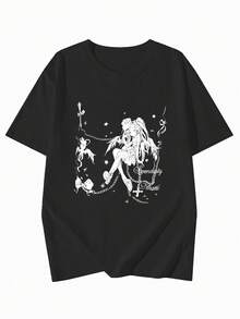 2026 Summer New Women's Round Neck Casual Loose Anime Gothic Style Printed Pattern Y2K Streetwear Versatile College Student Short Sleeve T-Shirt, 1 Piece - Black - View 5
