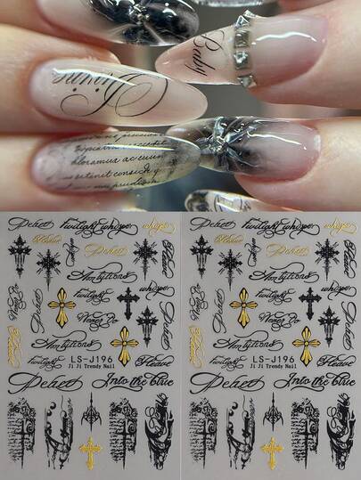 Y2K Punk Style Gold & Silver Cross-Shaped Dark Gothic Retro High-End Metal Cross Design Nail Stickers, Self-Adhesive Nail Art Stickers, DIY Nail Decoration Supplies