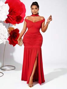 BIUBIU Elegant Red Maxi Dress For Women, Off Shoulder Ruched Mermaid Dress With High Slit - Red - View 1