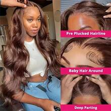 Chocolate Brown Brazilian Virgin Hair Human Frontal Hair Wig 200 Density 13X4 13X6 5X5 Body Wave Lace Front Wigs Human Blended Hair HD Frontal Wigs Pre Plucked Glueless Wig For Women 26 Inch - Brown - View 5