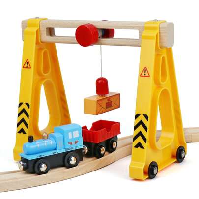 Wooden Train Track Accessories With Movable Crane And Detachable Cargo Train, Compatible With Major Wooden Track Brands, Creative Railway Play Toy Set