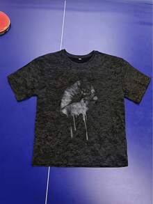 Women's Summer New Lip Pattern Printed Round-Neck Short-Sleeved T-Shirt, Casual Loose Versatile Top, Stylish Daily Wear - Black - View 2