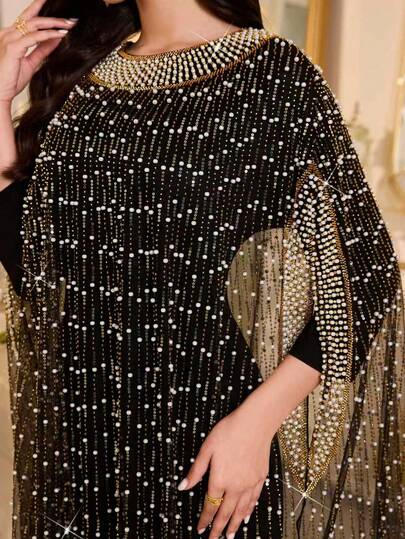 عباءة نسائية أنيقة سوداء ذات رقبة مستديرة وأكمام خفاش مزينة باللؤلؤ، فستان ماكسي عربي ذو قطعتين غير مرن، مطرز باللؤلؤ والترتر، تفاصيل لؤلؤية، كم طويل 3/4