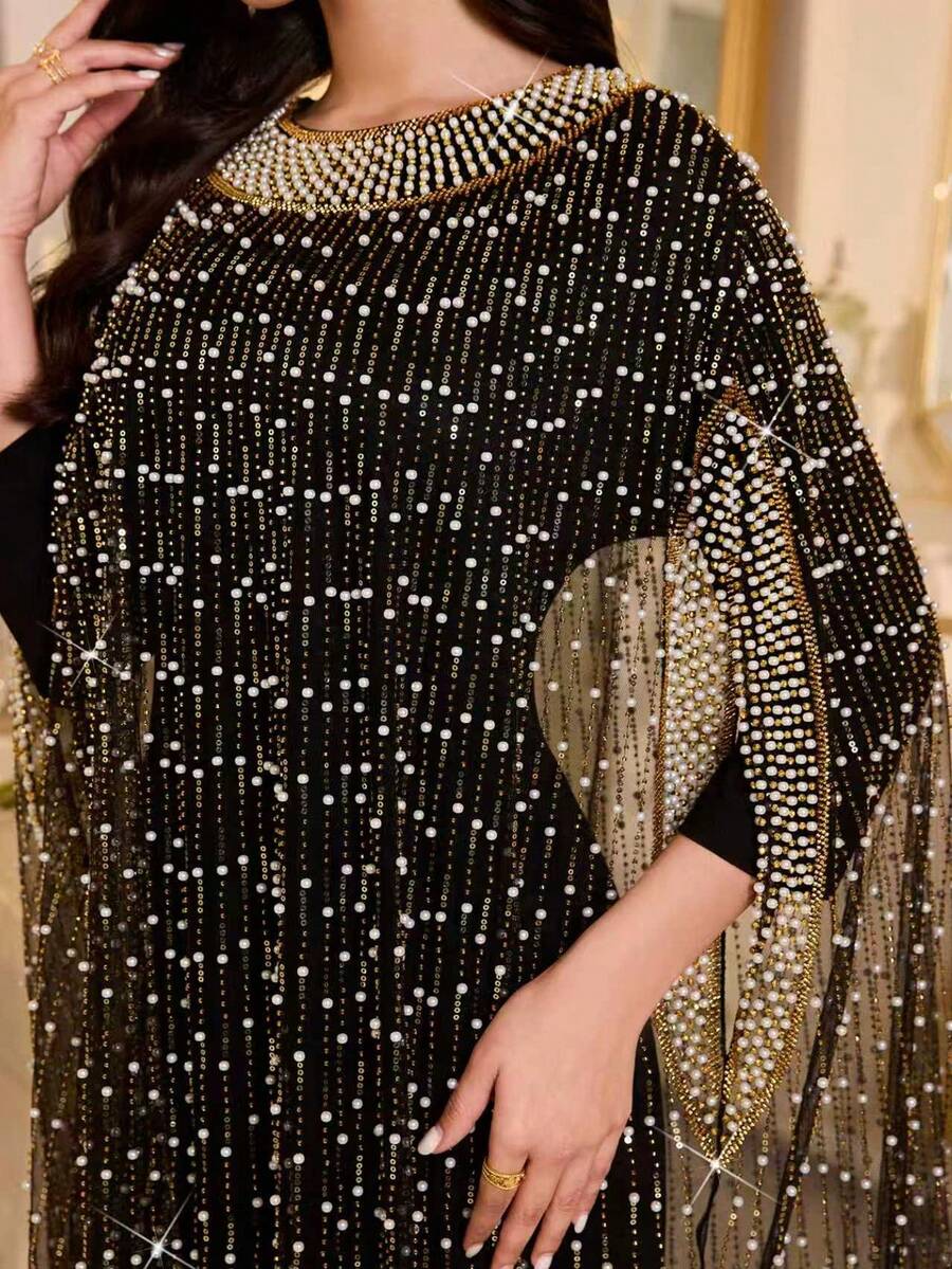 优雅黑色女士圆领蝙蝠袖串珠长袍，端庄无弹力两件式阿拉伯长裙，刺绣珍珠，亮片拼接，珍珠点缀长款七分袖 - 黑色 - 查看 1