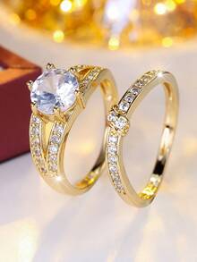 一对百搭通勤情侣金戒指，全镶仿钻，凹槽设计，适合情侣日常约会。 - 戒指套裝 - 查看 8