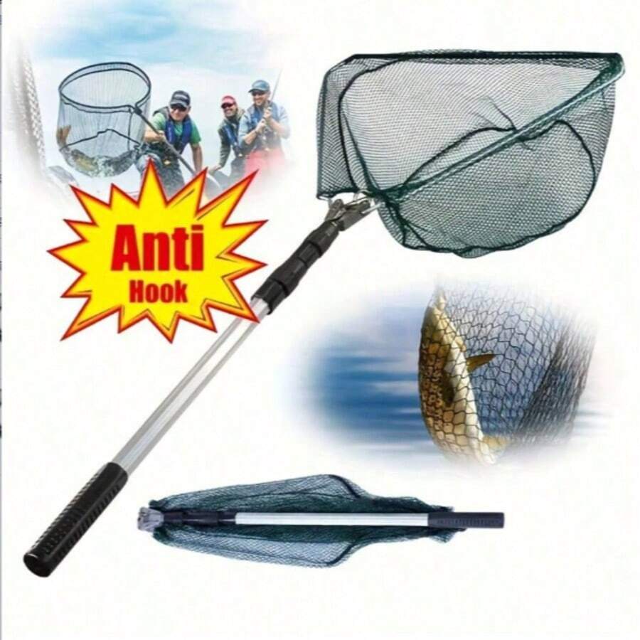 1个可伸缩铝合金折叠渔网，带防滑手柄，轻便易携，适用于淡水、海水垂钓、飞钓、皮划艇等，是垂钓爱好者的必备配件。