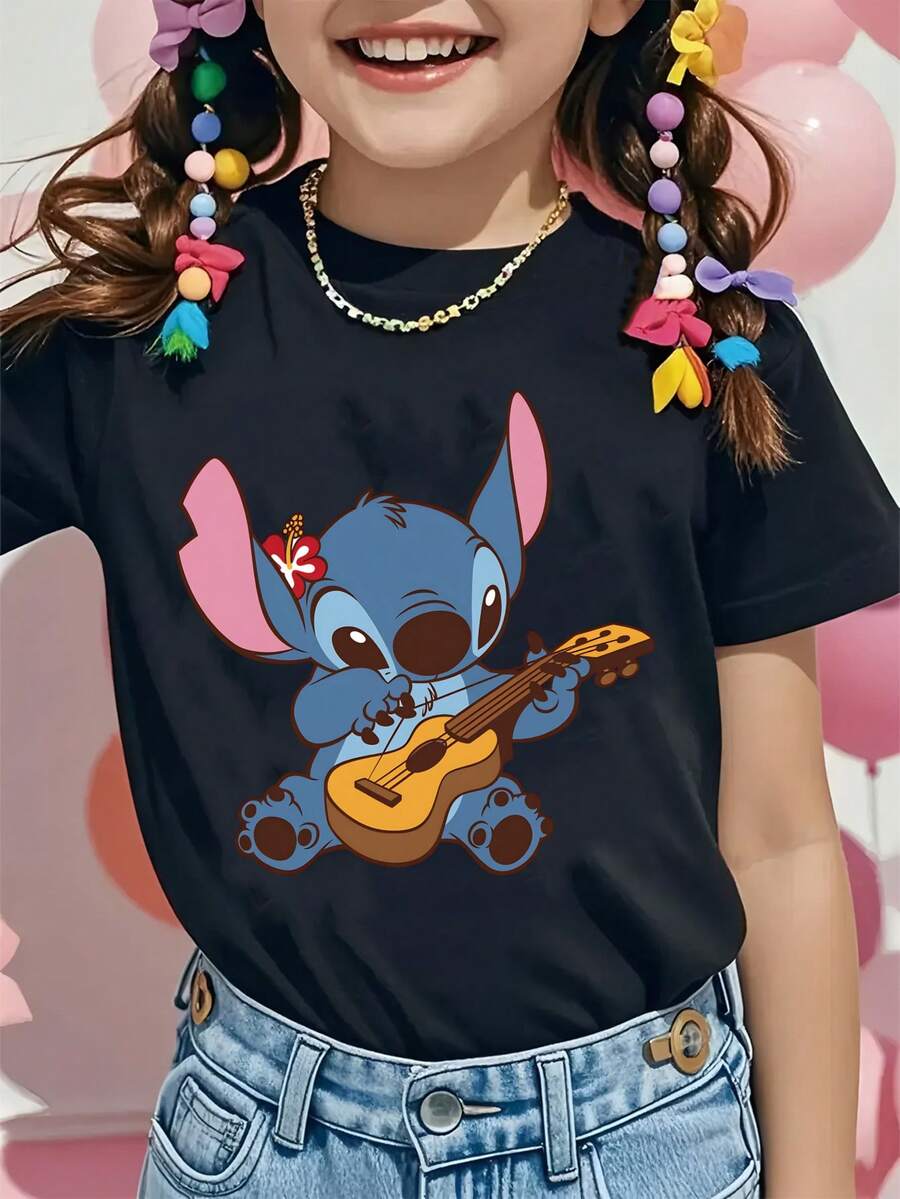 Disney Stitch Playing Ukulele Printed Pattern T-Shirts For Girls - Children's Clothing Design Short-Sleeved Casual And Cute Style Comfortable And Casual Wear All Year Round Suitable For Parties And Play Machine Washable Gift Children's Clothing Girls' Short-Sleeved Shirts - Black - View 1