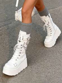 Goth Platform Boots For Women Back To School Punk Motorcycle Boots Mid Calf Round Toe Boots Back Zip Wedges Fall Boots - White - View 3