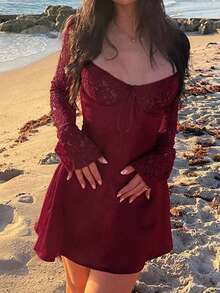 Look Polly 女士秋冬性感连衣裙、约会之夜连衣裙、女士婚纱、露肩嘉年华连衣裙、蕾丝婚纱 - 酒紅色 - 查看 6