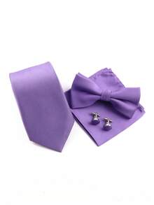 ZONFAZ 4pcs Men's Business Minimalist Solid Ribbed 8cm Necktie, Bow Tie, Pocket Square & Cufflinks Combo Set, Suitable For Weddings, Parties And Daily Commute - Mauve Purple - View 2