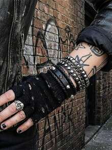 朋克风铆钉手链，皮革铆钉手链套装，Y2K铆钉腕链配饰 - 黑色 - 查看 4