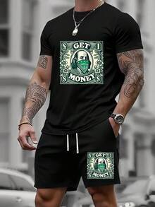 Get Money Dollar Bill Print Men Summer Short Sleeve Shorts Casual Outfit Set - 黑色 - 查看 5
