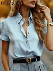 DONICY Áo sơ mi nữ tay ngắn màu xanh nhạt, chất liệu satin, cổ áo cài cúc vàng, đa năng, phù hợp cho cả công sở và thường ngày. - Màu xanh nhạt - Xem 1