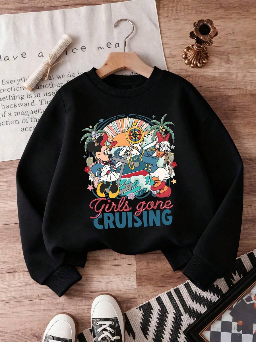 1pc Disney Mickey Mouse & Companions Retro Tropical Cruise Illustration Tween Girls Adventurous Sweatshirt - Comfortable & Lightweight, Great For Weekend Getaways & Casual School Days - màu đen - Xem 1