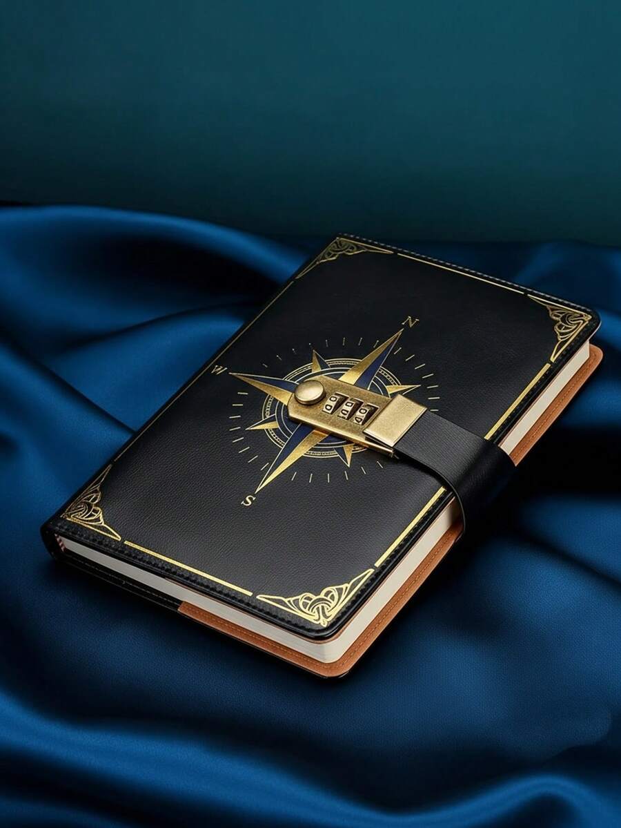 Vintage Leather Locking Diary Journal With Compass Bookmarks & Combination Lock - Secret Writing Notebook, Map-Themed Cover, Horizontal Ruled Pages For Spy, Travel, Gift - A - Xem 1