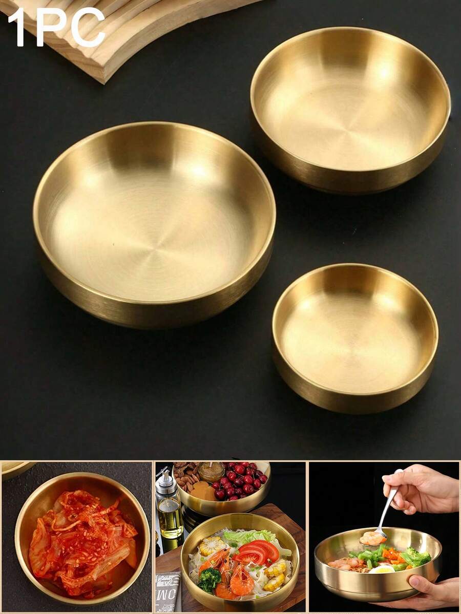 1个304不锈钢汤碗,泡菜碟,双层耐热盘,韩式金色圆形调味碗,寿司蘸酱碗,适用于盛放热汤、水果、沙拉、冷面、酱料、开胃菜,3种尺寸可选,适合家庭野餐、聚会或餐厅使用,圣诞礼物 - 金色 - 查看 1