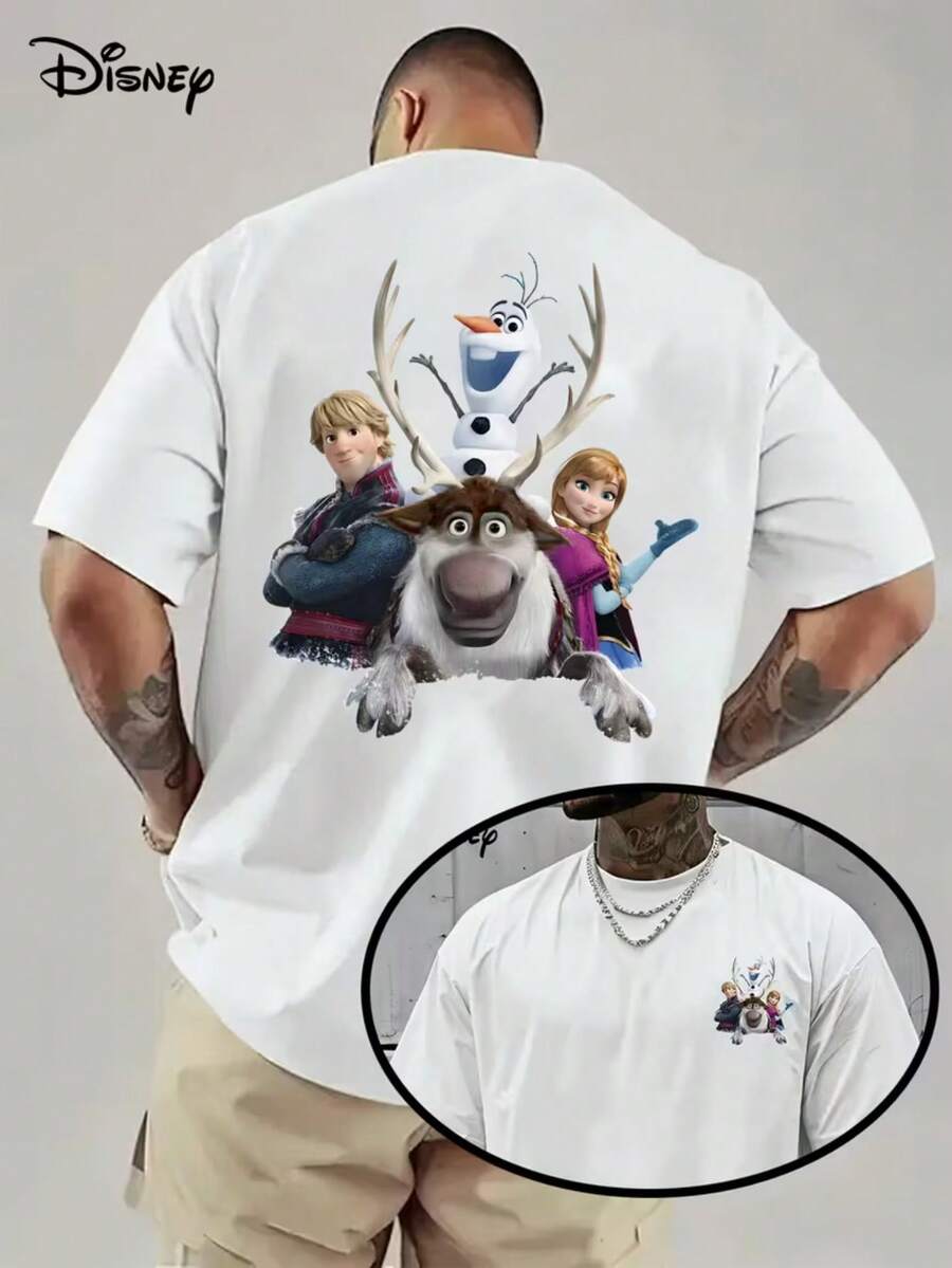 Authorized By Disney, The Theme Of Men's "Frozen" Is A T-Shirt With Small Crowds And Hipsters, And Aishana And Xuebao Reindeer Have Double Prints On The Front And Back, Which Are Rich In Fresh Layers, Washable And Easy To Take Care Of, Suitable For Many Occasions, And Full Of Fun Atmosphere. - 白色 - 查看 1