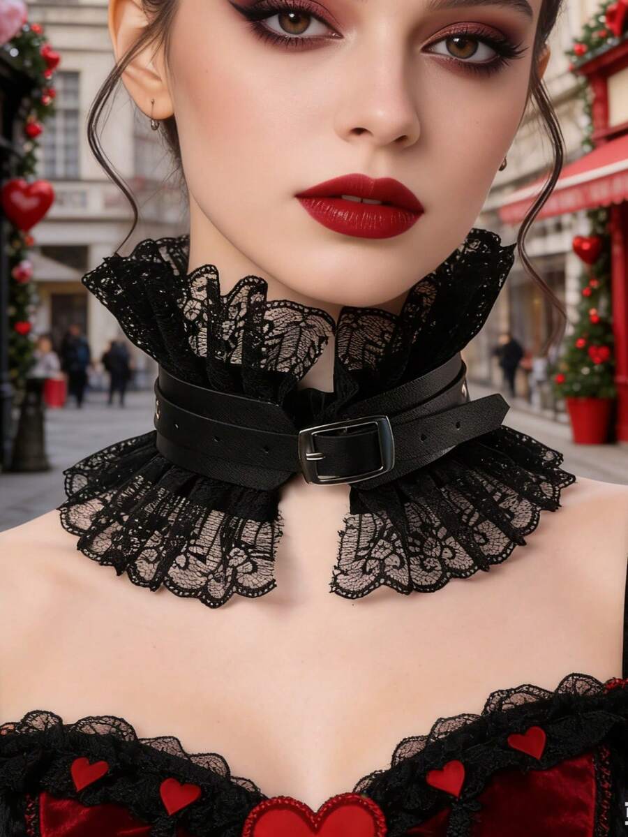 1pc Punk Style Round Metal Ring Leather Choker Necklace - Black XQ-115 - View 1