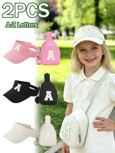 2pcs Set: Children's Adjustable Letter Decor Baseball Cap + Lightweight Mini Crossbody Bag, Fashion Sunshade Outdoor Sports Storage Set, Spring/Summer