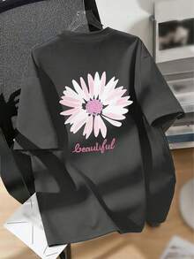 Tween Girl Floral Print Round Neck T-Shirt, Summer Top - Dark Grey - View 5