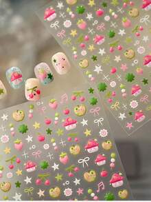 1pc Cute Mushroom Green Apple Strawberry Cartoon Jelly Fruit Star Bow Nail Art Stickers 5D Whimsical Kawaii Nail Decals Self-Adhesive Manicure Accents For Girls - Multicolor - View 4