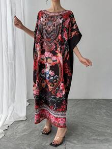 1件女款寬鬆印花卡夫坦長裙，休閒優雅圓領套頭長袍，適合阿拉伯風服飾、奢華度假、派對、生日、母親節、新年及其他正式場合 - 彩色 - 查看 4