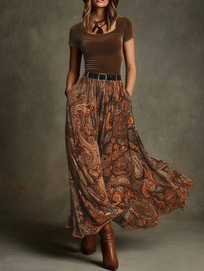 Đầm nữ phong cách Bohemian in họa tiết Paisley, cài cúc phía trước, kiểu dáng ôm sát, thích hợp cho kỳ nghỉ, đầm xòe thanh lịch in họa tiết cổ điển kèm thắt lưng.