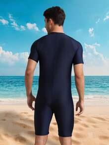 Men's Navy Blue One-Piece Swimsuit, Front Zipper Short Sleeve Quick Dry High Elasticity Swimwear Suitable For Surfing And Diving - Blue - View 4