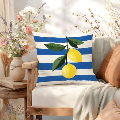 MEMNUN 1pc Blue & White Striped Lemon Print Pillow Cover [No Pillow Insert], 17.7*17.7in(45*50cm)/19.69*19.69in(50*50cm) [Single-Sided Printing] Fresh Blue & Yellow Color Blocking Design Polyester Cushion Cover, Room Decor, Home Decor, Bedroom Decor, Room Decoration Stuff For Sofa, Bed, Living Room, Bedroom, Car, Office, Hotel, Suitable For All Seasons, Perfect Gift For Family And Friends