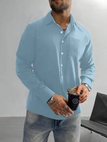 男士长袖纽扣衬衫，纯棕色，适合婚礼、办公室、工作、正式聚会等场合，复古风格，父亲节/男友礼物，简约白/黑衬衫 - 淺藍色 - 查看 3