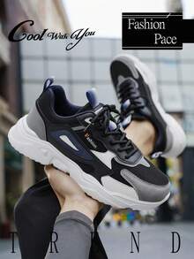 男士舒适复古撞色网面休闲增高运动鞋，时尚简约系带学院风户外休闲跑步鞋 - 黑色 - 查看 3