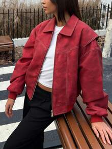 Red Washed Cropped Jacket: Contrast-Stitch Bomber Outerwear For Edgy Autumn Urban Street Style - Red - View 5