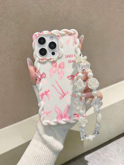 Pink Bow Tie Cream Swirl Wave Edge Beige Detachable Bracelet Charm Fashionable Minimalist Thick Shockproof Phone Protective Case Suitable Compatible With Iphone 17/17 Pro, 15 Pro Max, 16/16 Pro/16 Pro Max, 16 Plus, 15 XR, 7/8, 15 Pro Max, 12 Pro Max, 13 Pro Max, 14 Pro Max, 13, 14, 11, 12, 14, Phones