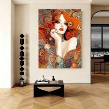 Con marco 1 pieza de Arte en Lienzo con Marco Estilo Gustav Klimt - Mujer de Cabello Rojo Vibrante con Patrones Intrincados,Lienzo Artesanal y Marco de Madera Maciza, Decoración de Pared Lista para Colgar para Sala de Estar, Dormitorio, Oficina, Obra Inspirada por Klimt  Listo para Colgar, Plano 2D, Perfecto para la Decoración del Cuarto - Enmarcado - Ver 5