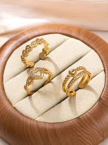 3pcs 18K Gold Plated Stainless Steel Hollow Rhinestone Geometric Heart Rings Set, Elegant Luxury Versatile Rings For Women - Gold - View 4
