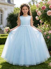 Vestido largo elegante de tul azul con decoración de lazo y perlas falsas para niña preadolescente, vestido de niña de las flores para boda, vestido de princesa, vestido de graduación formal, vestido de novia, para ocasiones al aire libre, Pascua - Azul - Ver 3