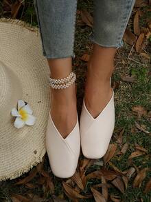 Women's Elegant Beige Mule Slippers, Comfortable Flat House Slippers Suitable For Outdoor Leisure, Spring/Summer - Beige - View 2