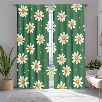 2pcs Green Background With White Daisies Curtains,Featuring A Fresh Floral Pattern Design,Allowing Light To Pass Through.Suitable For Bedroom,Kitchen,Dining Room,And Living Room Windows,Perfect For Springtime Home Decor.Features A Rod-Style Design.