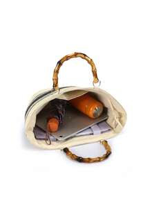 BAILEE 1个卡其色条纹竹编手柄手提包，拉链封口，菱形图案撞色设计，休闲度假轻便大容量沙滩包，女士通勤包，教师节礼物，商务/办公，节日，户外运动，夏季礼物 - 米色 - 查看 6