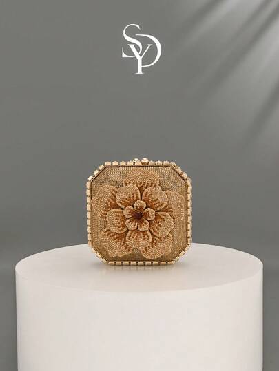 1pc Shiny Gold Rhinestone Decor Clutch Bag, Paired With Rhinestone Flower Evening Bag, Metal Chain Strap, Elegant Formal Wallet For Parties, Weddings, Concerts - An Excellent Gift Choice For Women