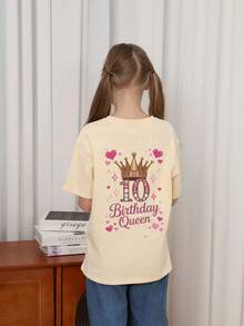 Niña preadolescente "Reina de 10 años de edad" Estampado de patrón de dibujos animados, adecuado para actividades, uso diario, fiestas, regalo de cumpleaños para niña preadolescente, fiesta de cumpleaños, regalo ideal para celebración de cumpleaños, blusa de verano de moda para niña preadolescente - Albaricoque - Ver 4