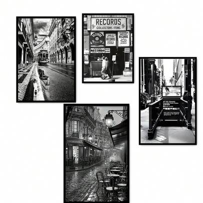 1幅黑色无框帆布艺术印刷品，城市摄影海报，适合家居或办公室装饰