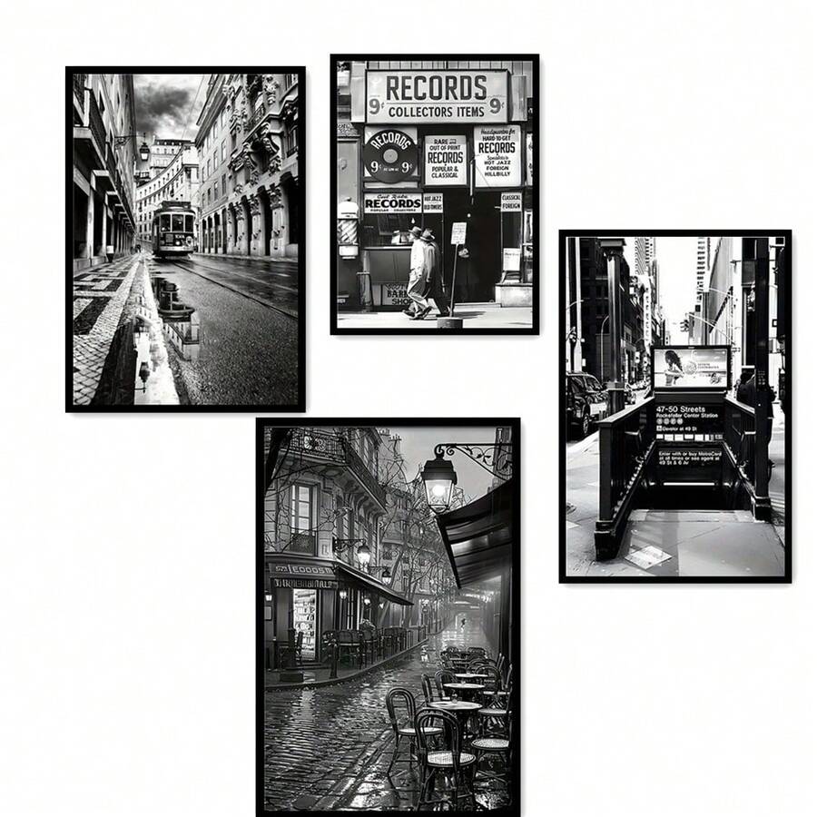 1幅黑色无框帆布艺术印刷品，城市摄影海报，适合家居或办公室装饰