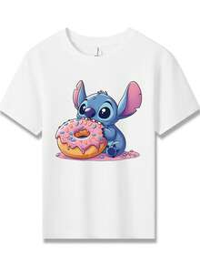 Disney Stitch Holding Donut Printed Pattern T-Shirts For Girls - Children's Clothing Design Short-Sleeved Casual And Cute Style Comfortable And Casual Wear All Year Round Suitable For Parties And Play Machine Washable Gift Children's Clothing Girls' Short-Sleeved Shirts - White - View 2