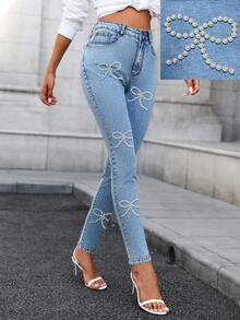 Mobula Sound# Quần legging denim nữ dáng ôm sát, thời trang, đính nơ ngọc trai, co giãn, lãng mạn, thanh lịch, thích hợp cho lễ hội âm nhạc mùa xuân/hè. - Màu xanh lam - Xem 2
