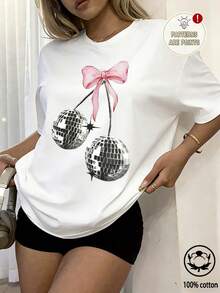 Disco Cherry Print, Women's Crew-Neck Oversized T-Shirt, Summer Holidays, Travel And The Beach, Casual, Sporty And Elegant - White - View 5