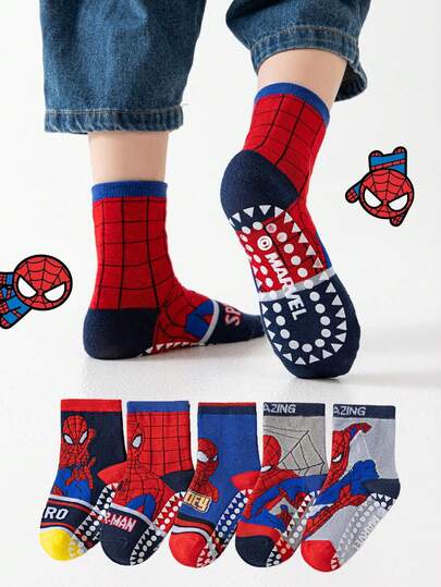 Marvel 5双儿童蜘蛛侠主题袜子，包括女童过膝袜、男童透气防滑卡通袜和儿童防滑室内/运动袜