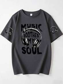 音乐抚慰心灵标语印花加大码圆领短袖T恤休闲款 - 深灰色 - 查看 2