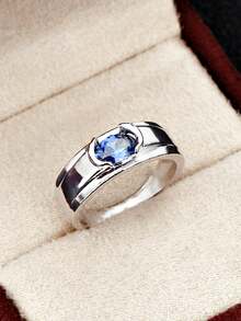 1枚男士时尚简约蓝色锆石戒指，婚礼、订婚、派对珠宝礼物 - 銀色 - 查看 13