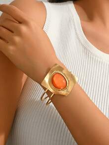 1pc Fashionable Geometric Open Bangle Bracelet, Suitable For Mother's Day, Party, Vacation, Holiday, Casual Daily Wear - Yellow Gold - View 7